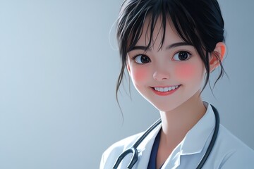 Smiling doctor wearing a stethoscope presents a warm and friendly demeanor against a neutral grey background, showcasing professionalism and approachability in a clinical environment