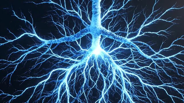 Abstract representation of a complex neural network displaying intricate branching patterns and luminescent blue energy flow.