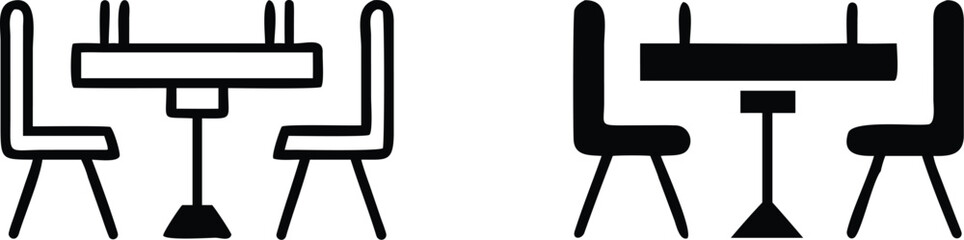 Black and White Street Cafe Icons. Vector Illustration of Table and Chairs in a Summer Restaurant. Leisure and tourism concept
