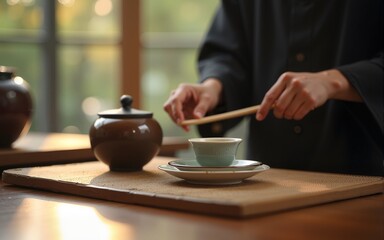 Japanese tea ceremony is perfomed by tea master (shallow DOF). High quality