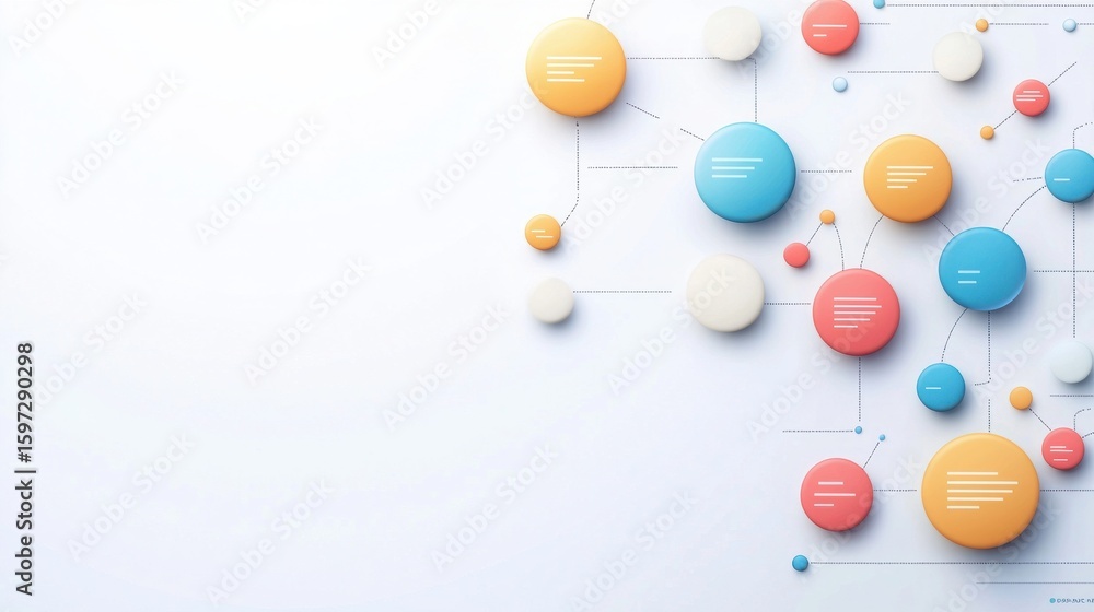 Poster network of spheres: interconnected spheres float delicately in a serene, minimalist scene, represent