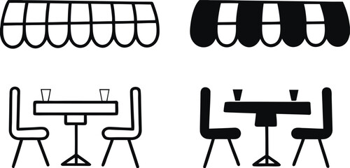 Black and White Street Cafe Icons. Vector Illustration of Table and Chairs in a Summer Restaurant. Leisure and tourism concept
