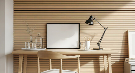 Photo of a modern home office desk with a blank picture frame, lamp, and supplies