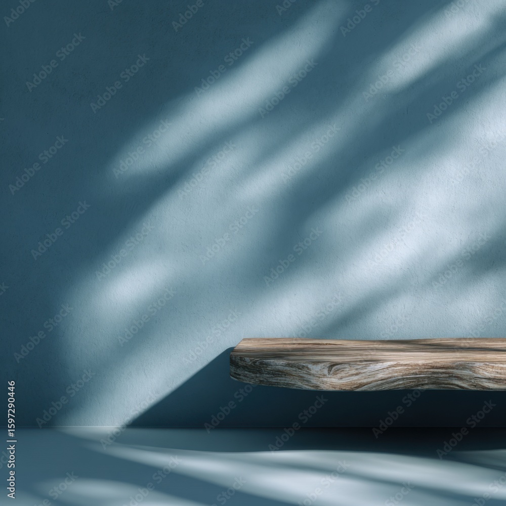 Poster a wooden shelf is mounted on a blue wall, with soft shadows creating intricate patterns on the surfa