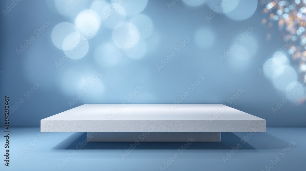 Poster a sleek, white display platform sits against a soft blue background. shimmering bokeh lights create 