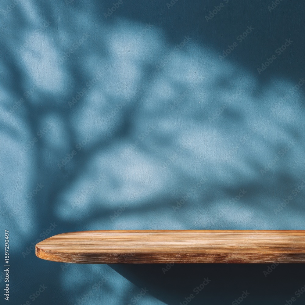 Poster a wooden shelf is positioned against a soft blue wall, with intricate shadows of tree branches casti