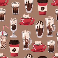 Seamless Flat Design Coffee Pattern. Variety of Coffee Drinks in Cups and Mugs for Digital Paper, Packaging, Cafe Branding, Web Graphics, Apparel Print