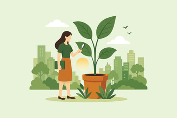 Woman Checking Plant Growth in Urban Garden - Eco-Friendly Vector Illustration