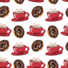 Coffee Cup Seamless Pattern with donut in Flat Design. Ideas for Beverage Branding, Packaging, Social Media Graphics, Website Backgrounds and Digital Art Projects. Cute cat made of foam in a cup