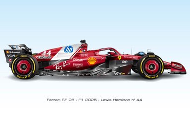 Naklejka premium Maranello, Modena, Italy, february 19 2025, presentation of the Ferrari SF-25 Formula 1 sport car, Lewis Hamilton, 2025 formula one world championship, graphic illustration
