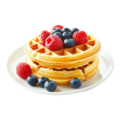 Stack of golden waffles topped with fresh raspberries and blueberries, isolated on white transparent background, concept of breakfast