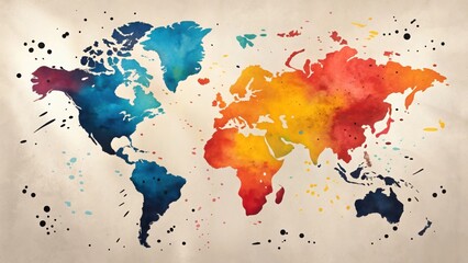 Naklejka premium Colorful watercolor world map with splashes and drips