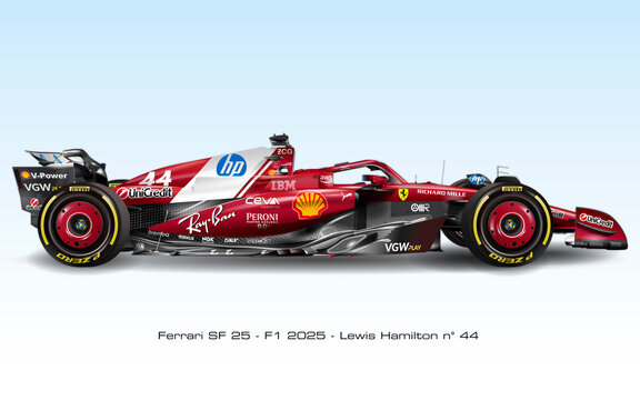 Maranello, Modena, Italy, february 19 2025, presentation of the Ferrari SF-25 Formula 1 sport car, Lewis Hamilton, 2025 formula one world championship, graphic illustration