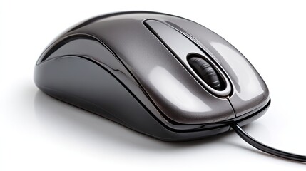 A close-up view of a gray computer mouse on a white surface, showing details.