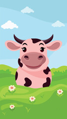 Cute pink cartoon cow on green meadow. Vector flat.
