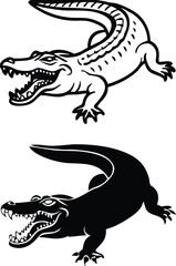 Crocodile Icons. Black And White Vector Illustrations. Caiman, Alligator. Reptile With Open Toothy Mouth. For Coloring Book Design. Animal Concept

