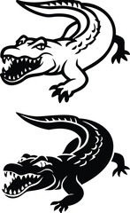 Crocodile Icons. Black And White Vector Illustrations. Caiman, Alligator. Reptile With Open Toothy Mouth. For Coloring Book Design. Animal Concept
