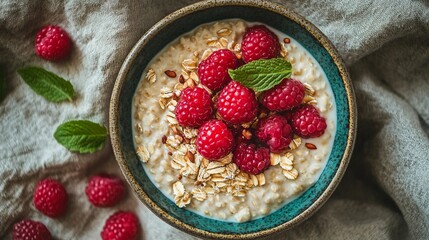 Oatmeal Bowl with Raspberries and Mint