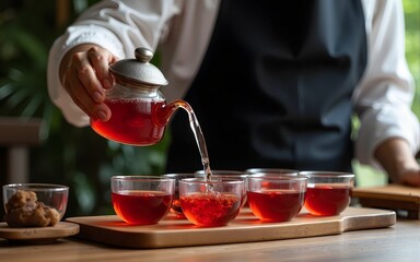 Tea master pouring red tea into glass cups. High quality