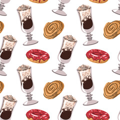 Seamless Pattern with Coffee Drink, bun and Donut. Repeating Texture for Cafe Wallpaper, Food Packaging Design, Bakery Branding, Website Background, Cup Wrapping, Menu Cards, Coffee Lover Gift Wrap.