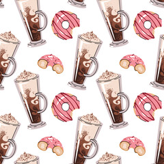 Coffee and Donut Seamless Pattern with Flat Design. Ideal for Beverage Branding, Food Packaging, Social Media Graphics, Website Backgrounds and Digital Art Projects