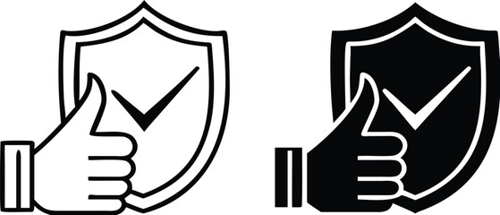 Reliability icons. Black and White Vector Icons of Thumbs Up and Protection Sign. Core Values Concept
