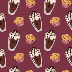 Seamless Coffee Pattern with Creamy Drink and Muffin. Delicious Texture for Cafe Branding, Food Packaging, Menu Design, Wall Decor, Bakery Packaging, Web Background, Scrapbooking, Coffee Shop.