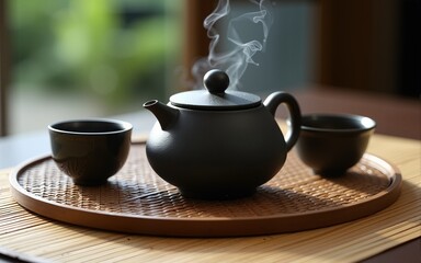 Asian tea set. Japanese teapot and cups on bamboo mat. generative ai. Hot tea in pot and teacups. High quality