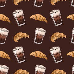 Seamless Pattern with Coffee beverage and croissant. Elegant Brown Texture for Cafe Branding, Food Packaging, Menu Design, Wallpaper, Fabric Print, Web Background, Gift Wrap and Coffee Shop