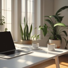 Fototapeta premium Minimalist Remote Work Desk with Laptop, Coffee Mug, and Natural Lighting – AI Generated