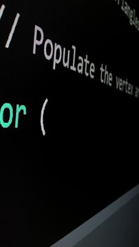 Closeup macro shot movement of coding script moving across LED screen with real-time AI-generated typing, showcasing advanced AI learning in optimization, debug and coding for software development.
