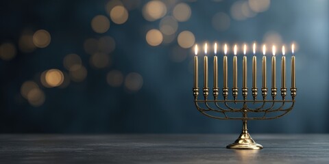 The elegant menorah illuminated with candles against a softly glowing background.