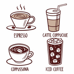 Obraz premium Coffee Varieties: A delightful visual guide to the world of coffee, showcasing four popular types: espresso, latte, cappuccino, and iced coffee.