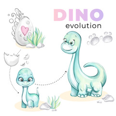 Watercolor baby dinosaur Dino family Diplodocus Mom and egg