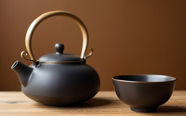 Traditional tea ceremony accessories, teapot and teacup with wooden background. High quality