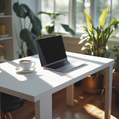 Fototapeta premium Minimalist Remote Work Desk with Laptop, Coffee Mug, and Natural Lighting – AI Generated