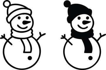 Snowman Icons. Black and White Vector Icons. Funny Snowman in a Hat and Scarf. Christmas and Holiday Concept
