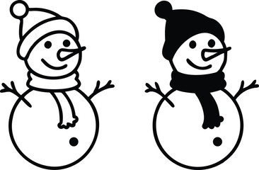 Snowman Icons. Black and White Vector Icons. Funny Snowman in a Hat and Scarf. Christmas and Holiday Concept
