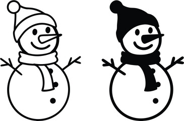 Snowman Icons. Black and White Vector Icons. Funny Snowman in a Hat and Scarf. Christmas and Holiday Concept
