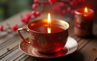 Beautiful chinese tea in teacup with candle flame decoration. High quality