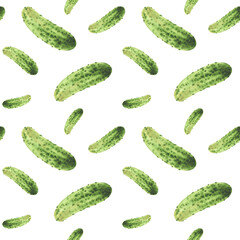 Watercolor cucumber seamless pattern. Green vegetable hand painted illustration of prickly gherkin pickles harvest for canned vegetarian food label, kitchen wallpaper on iIsolated white background