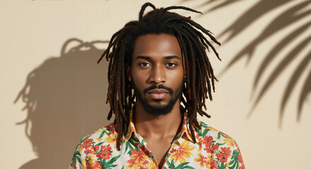 Man with dreadlocks in floral shirt against palm shadow background. Tropical lifestyle portrait for summer and vacation content