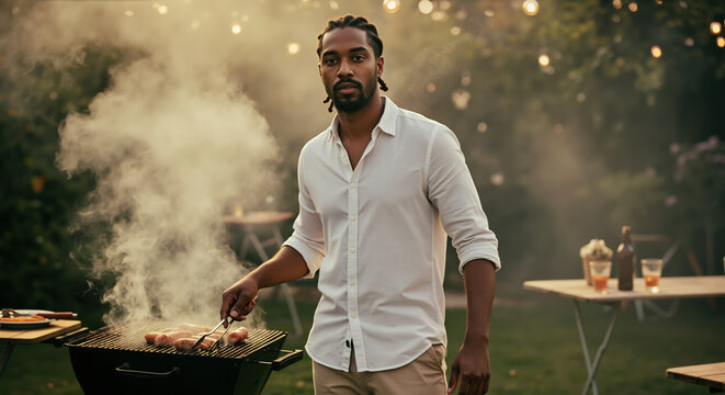 African American man with locs grilling outdoors in white shirt during evening. Barbecue lifestyle portrait for summer entertaining and cooking content