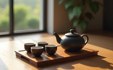 Photorealistic tea ceremony with a wooden tea tray, teapot, and cups, set on a clean table with natural lighting. High quality