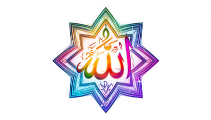 Colorful islamic calligraphy allah in star shape with rainbow color on a white background