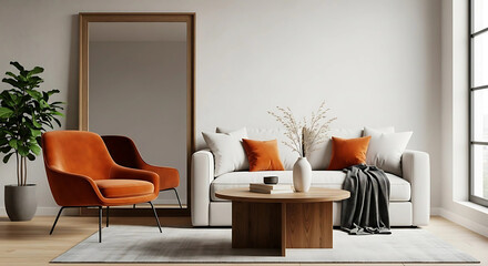Photo of a cozy living room with a white sofa, orange accent chairs, and a wooden coffee table