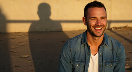 Obraz premium Man in denim shirt laughing on beach during golden hour. Lifestyle portrait for grooming and casual fashion content