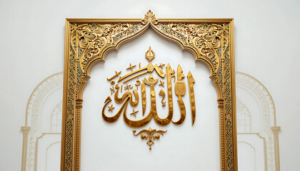 Golden allah calligraphy art in ornate frame against a white wall with archway details around it
