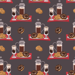 Coffee and Dessert Seamless Pattern with Flat Design. Ideal for Bakery Branding, Coffee Shop Design, Food Packaging, Social Media Graphics, Website Backgrounds and Digital Art Projects