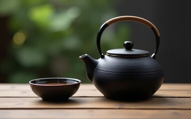 Black teapot, bowl and tea. High quality